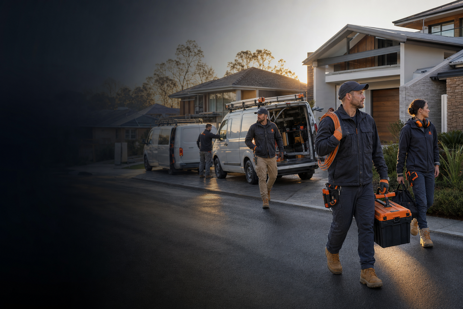 A coordinated team of Australian tradies arriving at a residential property